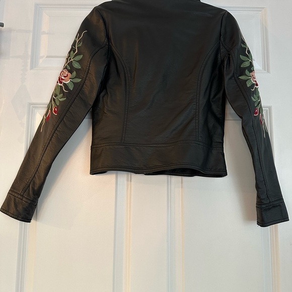 Black Leather Moto Jacket with Embroidery - Picture 4 of 8